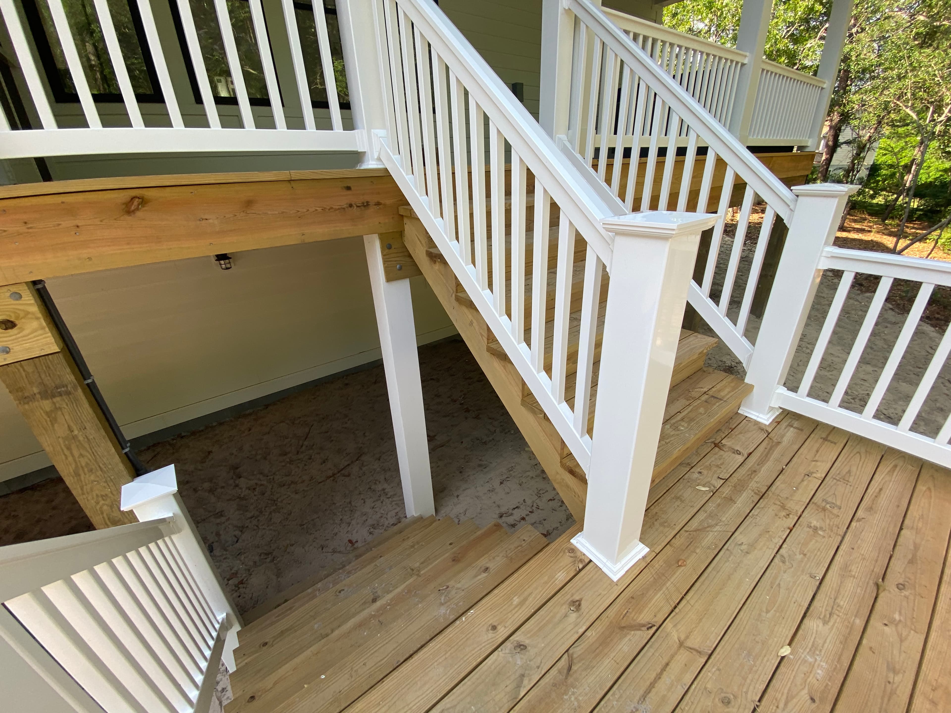 Custom deck stairs white craftsman railing